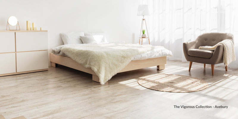 modern bedroom with the Avebury flooring from the vigorous collection