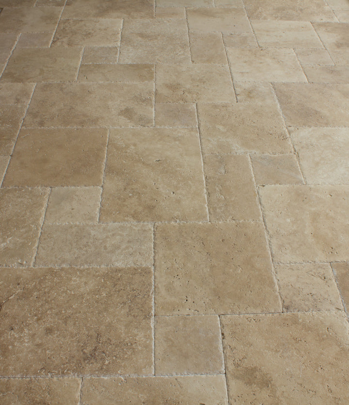 Antique Pattern Travertine Flooring Tiles — Meandros Walnut Standard / Brushed, Chiseled, and Unfilled