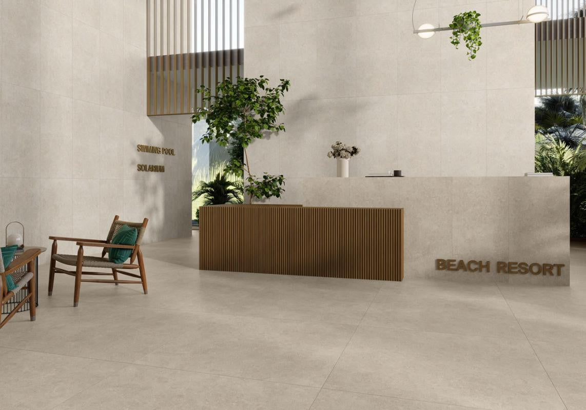 Beach resort interior with large format porcelain floor tile.
