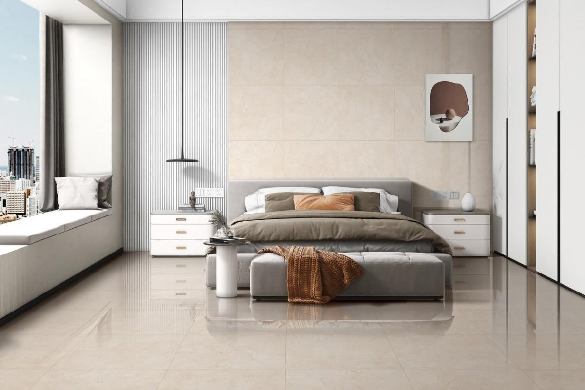Modern bedroom with large scale porcelain tile floor and a bed, nightstands, and decor.