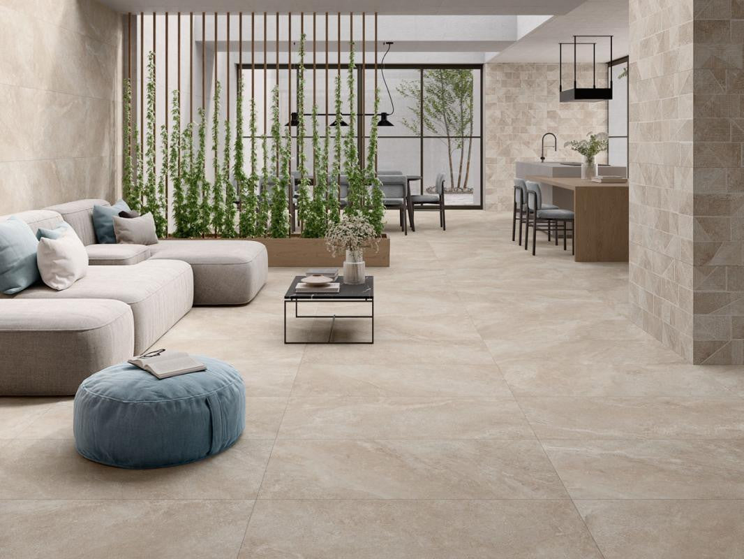 Modern living room with Spanish porcelain tile floor and neutral decor
