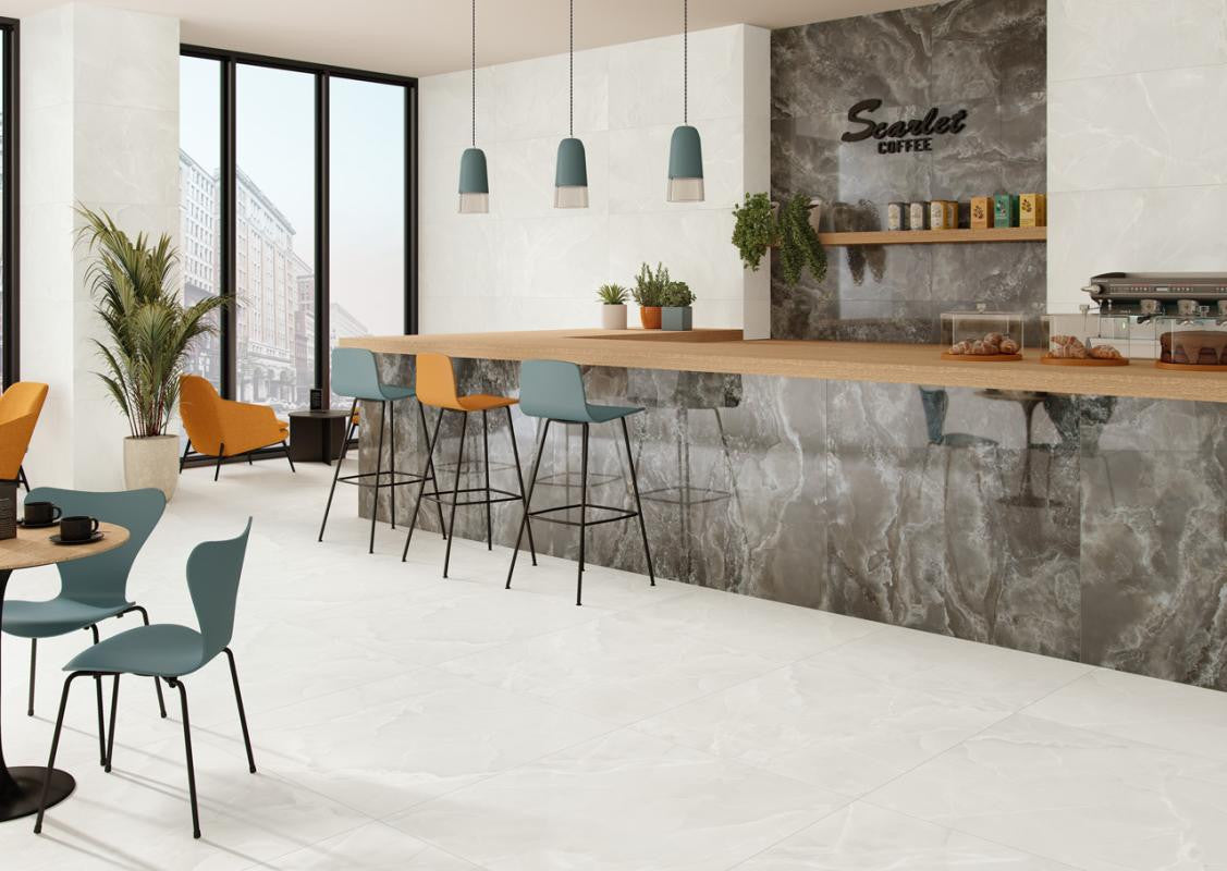 Modern cafe interior with black porcelain tiles from Spain accenting the look
