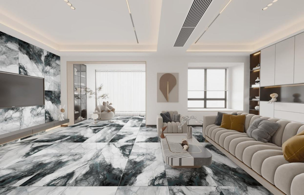 Large scale porcelain tile floor in living space