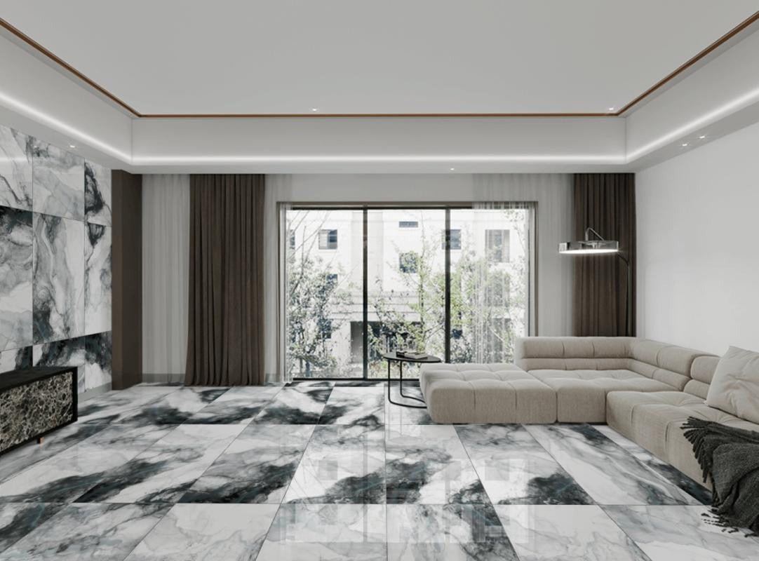 Modern living room with large scale porcelain tile floor and walls, sectional sofa, and large windows.