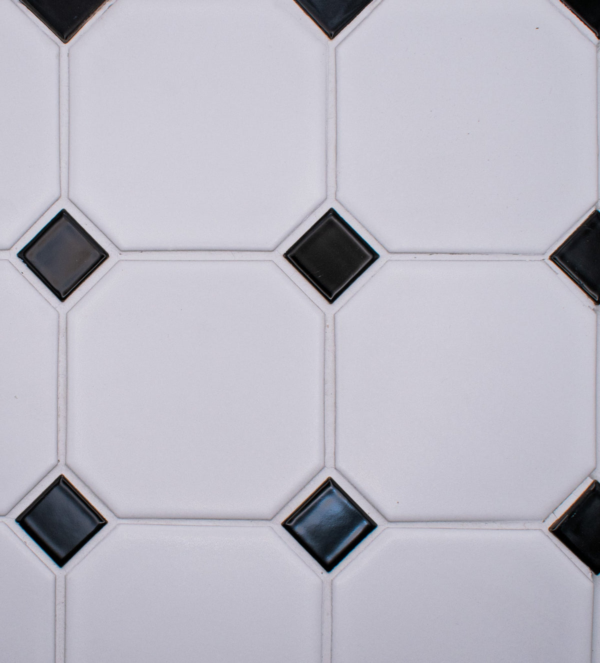 White 4" Octagon with Black Dot Porcelain Mosaic Tile 12x12 Sheet