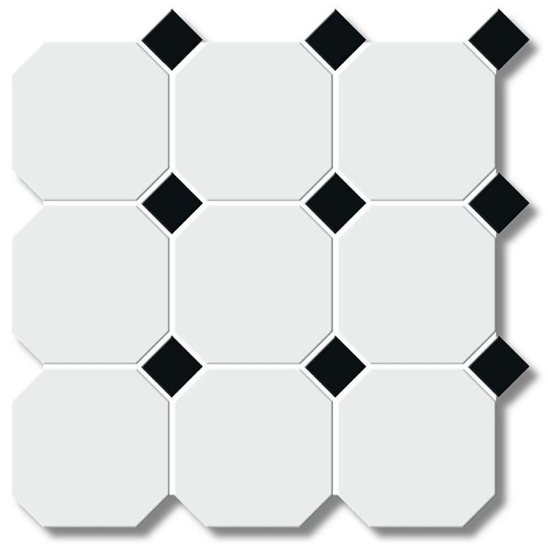 White 4" Octagon with Black Dot Porcelain Mosaic Tile 12x12 Sheet
