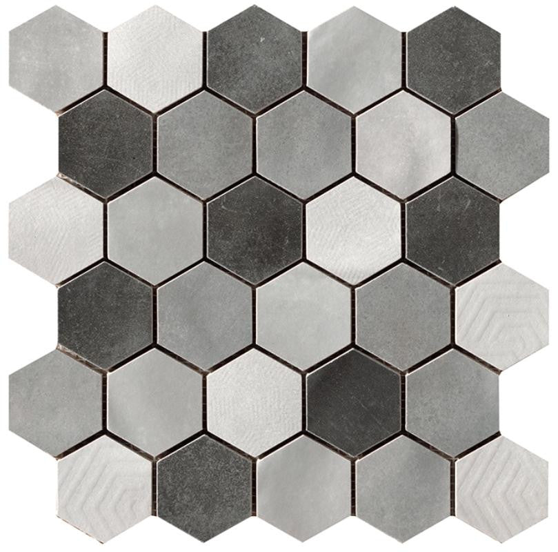 Materia Prima Mix Grey 2" Hex Porcelain Mosaic Tile 10x10 Sheet