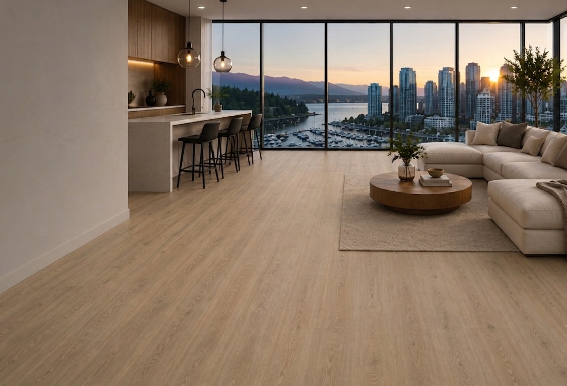 Wide Plank flooring in a modern bedroom