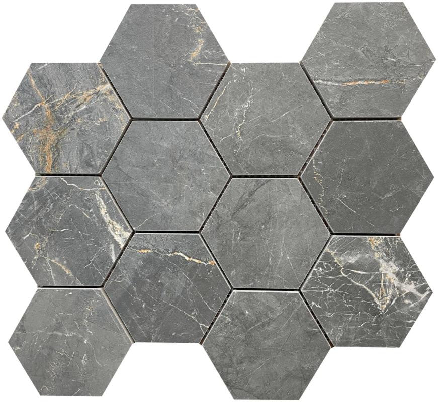 Charme Black 4" Hexagon Porcelain Mosaic Tile 12x13