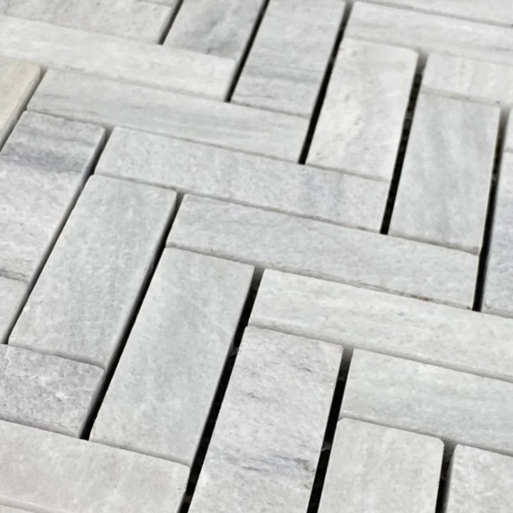 Solto White Marble - Mesh Mosaic Tile Collection — 1" x 3" Herringbone - Honed