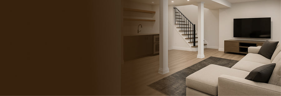 A finished basement floored in wood-look plank