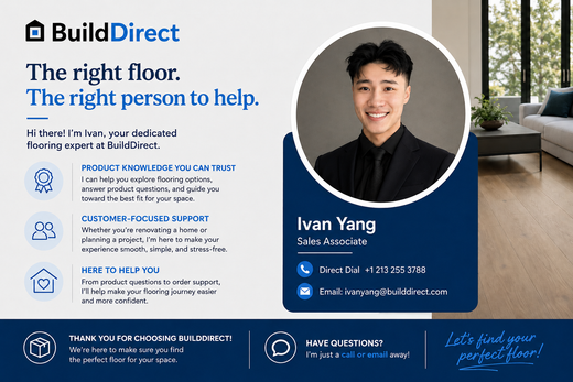 BuildDirect card introducing Ivan Yang, Sales Associate. Direct dial 1 213 255 3788, email ivanyang@builddirect.com