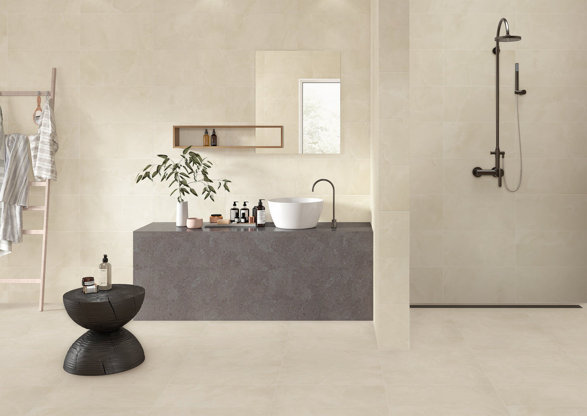 Modern bathroom with ivory porcelain wall and floor tile