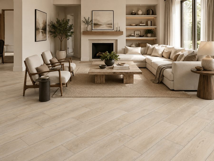 Light ash wood look porcelain plank flooring shown installed in a room setting