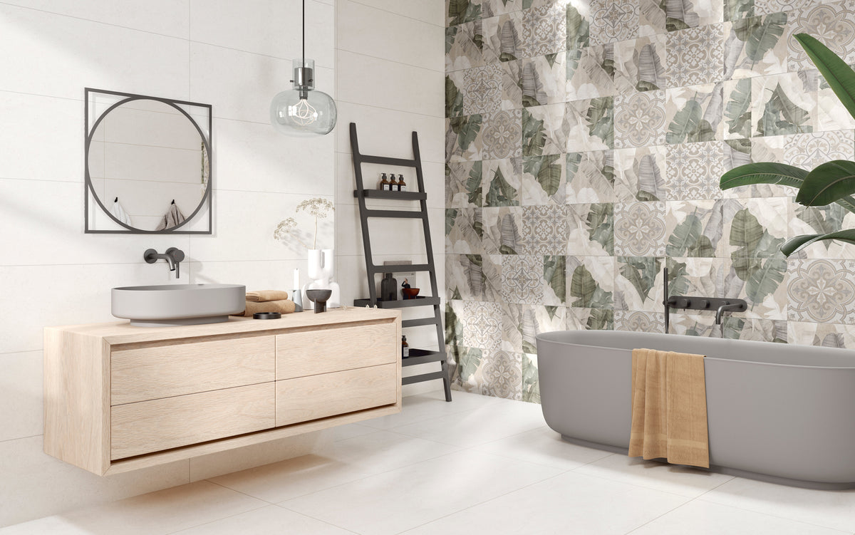 Enya Leaves White 12x40 Ceramic Wall Tile