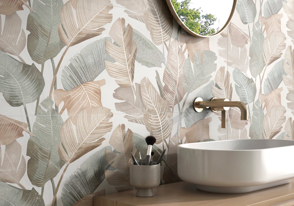 Enya Leaves White 12x40 Ceramic Wall Tile