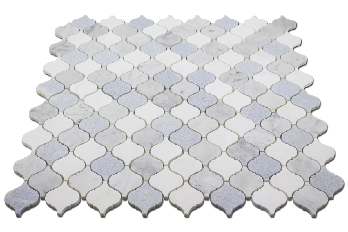 Angled view of Carrara Blue Marble Mosaic Tile