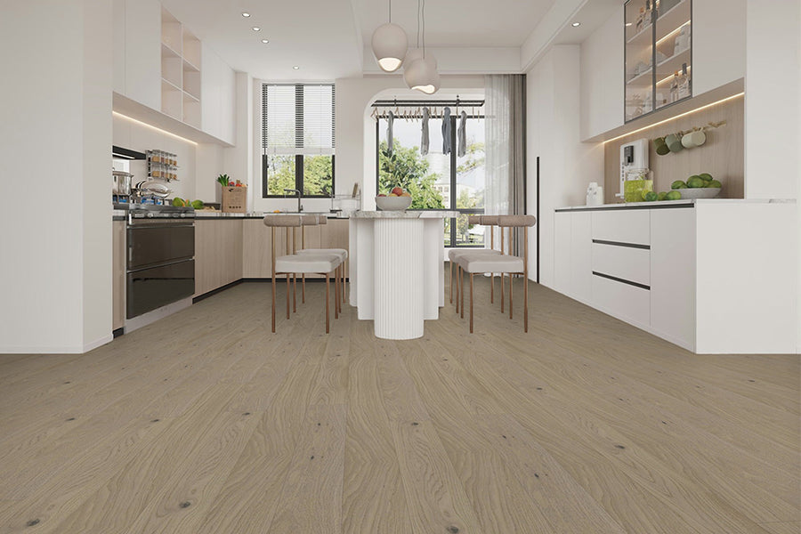 A kitchen with a wood-look plank floor