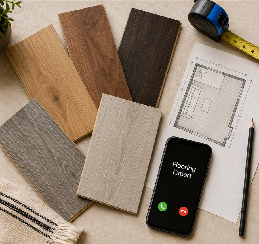 Five flooring samples fanned out beside a hand-drawn room plan, a tape measure, and a phone showing an incoming call from a flooring expert