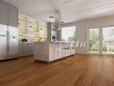 Medium brown hardwood used in a modern kitchen design