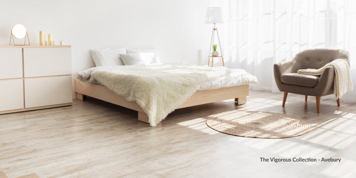 modern bedroom with the Avebury flooring from the vigorous collection