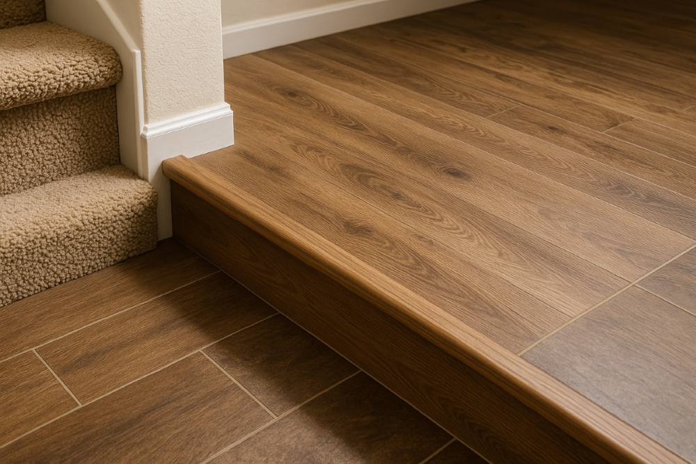Carpet stairs meet LVP landing and wood-look tile floor in a bright, modern home interior.