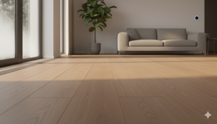 Engineered hardwood flooring in a modern home showing durability against temperature and humidity changes with natural warm and cool lighting.