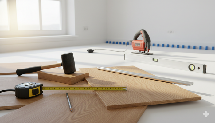 Essential DIY tools including rubber mallet, tapping block, pull bar, and jigsaw arranged on a partially installed snap lock wood floor.