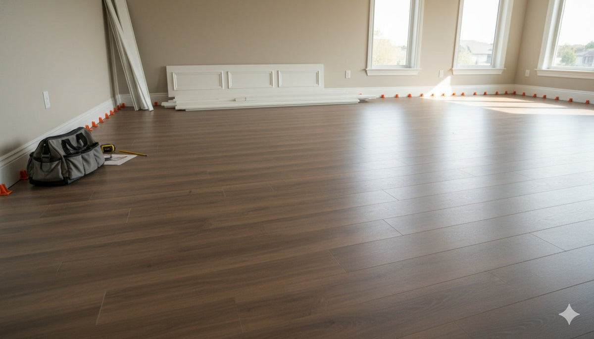 Professional floating floor installation in a modern room, showing precisely laid planks and even orange expansion spacers along the perimeter walls to ensure proper gap and prevent buckling. Baseboards are stacked nearby, ready for installation. The scen