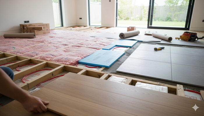 A person's hands are placing a light wood-look flooring plank over a subfloor. The floor features a combination of pink fiberglass insulation and blue rigid foam insulation laid between wooden joists, with radiant heating pipes visible underneath. Rolls o