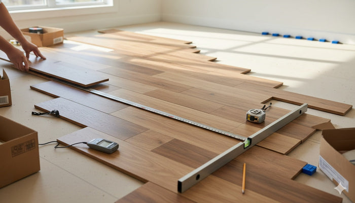 Plank flooring racked across a clean subfloor with varied lengths and tones, showing staggered joints, spacers, and a moisture meter for proper installation.