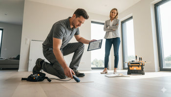 A professional flooring installer kneels calmly, inspecting a finished wood floor with a moisture meter and digital tablet, while a reassured homeowner observes in a well-lit modern home, conveying trust and careful evaluation.