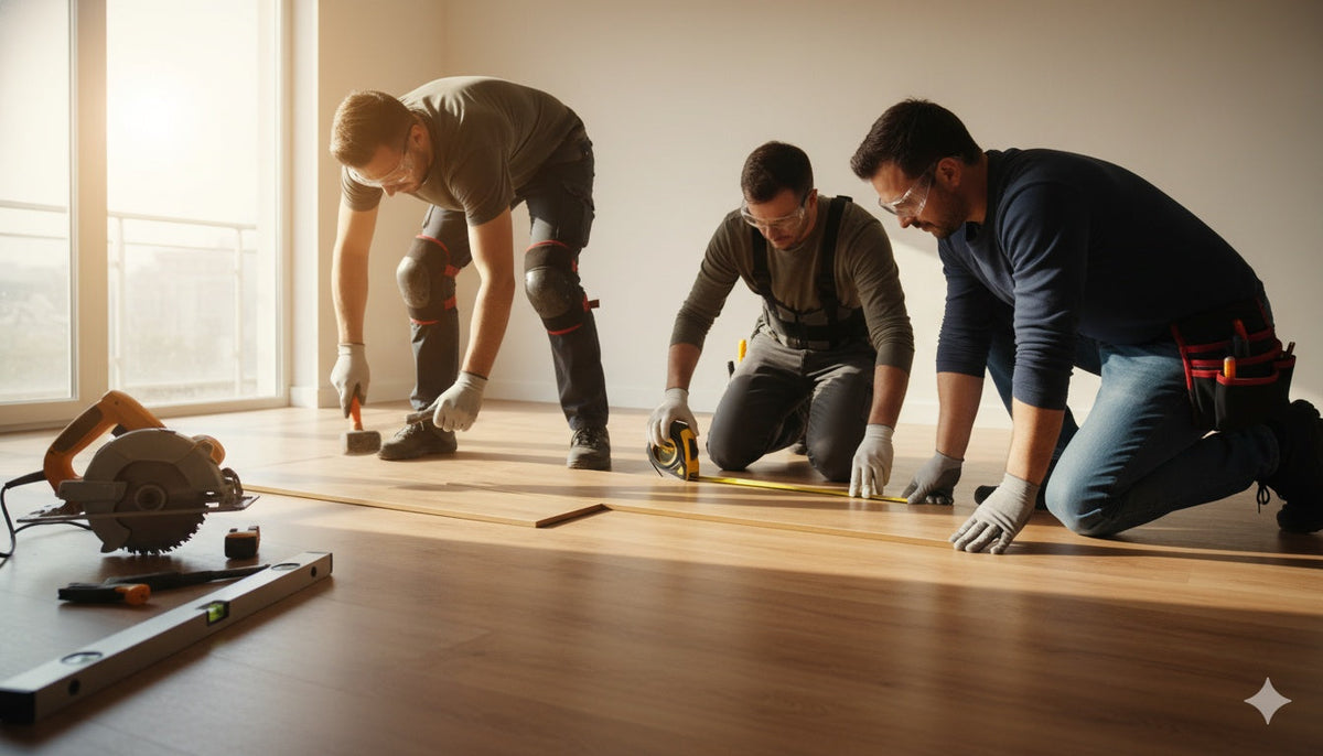 looring installers wearing protective gear and using proper tools on a clean, well-lit job site to prevent common installation injuries.
