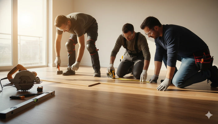 looring installers wearing protective gear and using proper tools on a clean, well-lit job site to prevent common installation injuries.