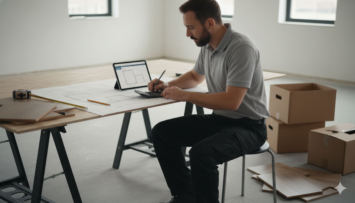 A focused professional flooring installer sits at a clean table, reviewing measurements and calculating figures on a tablet and calculator, with floor plans, tape measure, and flooring samples nearby, conveying meticulous planning and accurate estimating 