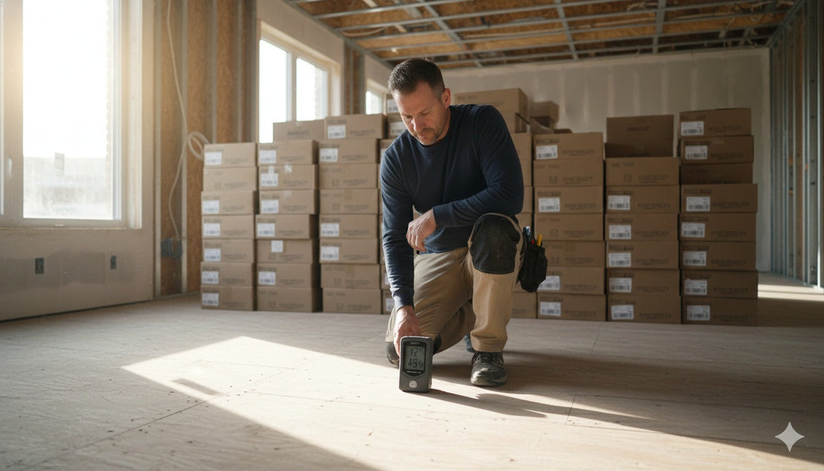 Flooring installer checking digital hygrometer on subfloor in a partially finished home, with stacked flooring boxes in the background. Professional jobsite scene emphasizing flooring preparation and controlled environment.