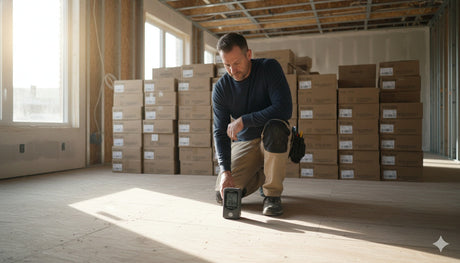 Flooring installer checking digital hygrometer on subfloor in a partially finished home, with stacked flooring boxes in the background. Professional jobsite scene emphasizing flooring preparation and controlled environment.