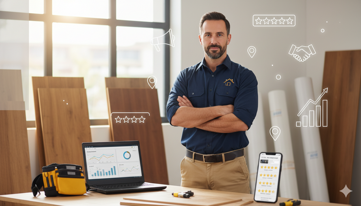 A confident male flooring installer with crossed arms stands in a bright, modern workshop featuring new wood panels. A laptop displaying business analytics, a smartphone with customer reviews, and tools are on a workbench. Subtle white overlay icons for s