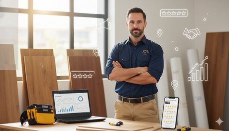 A confident male flooring installer with crossed arms stands in a bright, modern workshop featuring new wood panels. A laptop displaying business analytics, a smartphone with customer reviews, and tools are on a workbench. Subtle white overlay icons for s