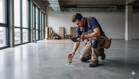 A professional flooring installer kneels on an exposed concrete subfloor, meticulously using an in-situ probe and tablet to detect moisture before installation, emphasizing serious, methodical, and preventative moisture testing.