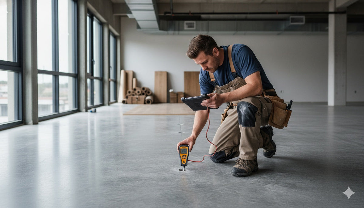 A professional flooring installer kneels on an exposed concrete subfloor, meticulously using an in-situ probe and tablet to detect moisture before installation, emphasizing serious, methodical, and preventative moisture testing.