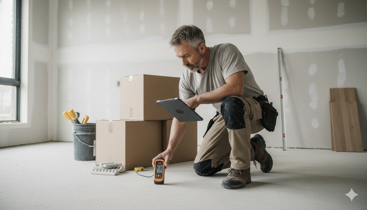 Experienced flooring contractor inspects subfloor with a moisture meter and digital tablet before installation, emphasizing professionalism and preparation on a jobsite with unpacked flooring and tools.