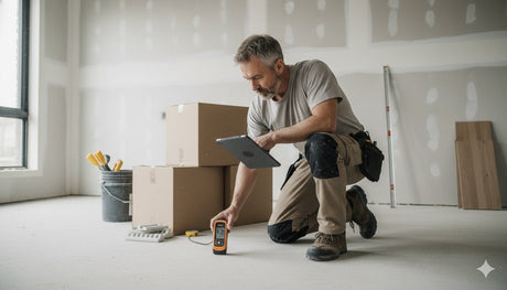Experienced flooring contractor inspects subfloor with a moisture meter and digital tablet before installation, emphasizing professionalism and preparation on a jobsite with unpacked flooring and tools.