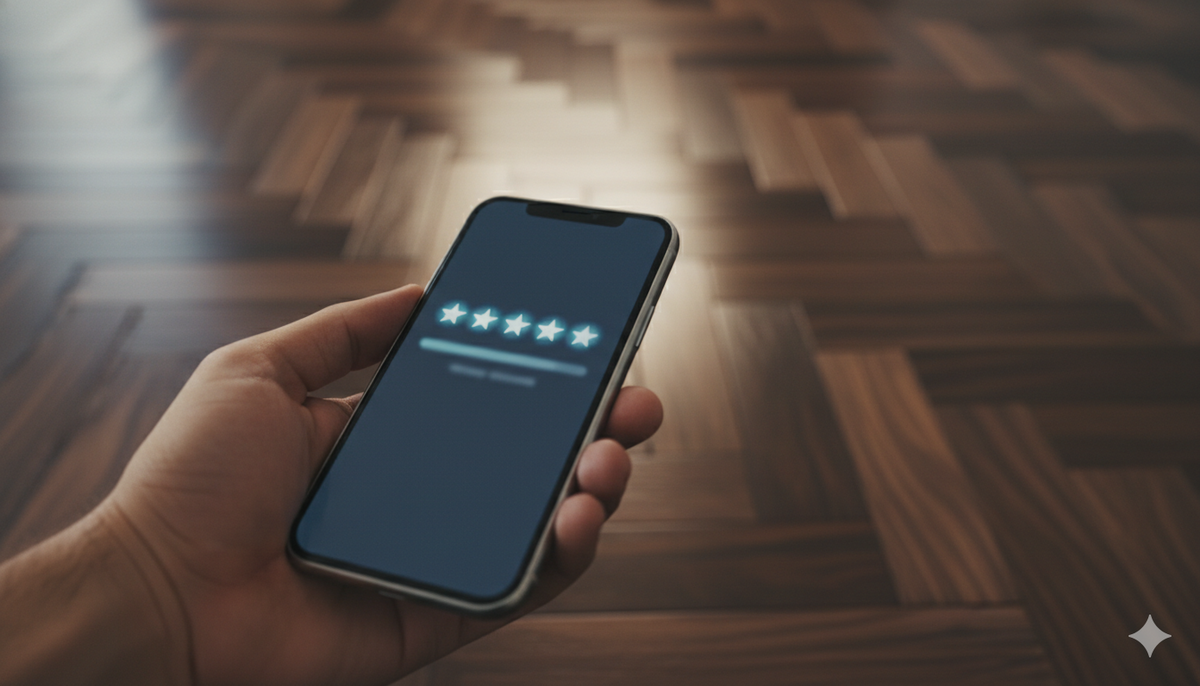 A close-up editorial shot of a smartphone in the foreground displaying a blurred five-star review interface, with a beautifully finished flooring project softly out of focus in the background. The emphasis is on craftsmanship turning into reputation. Clea