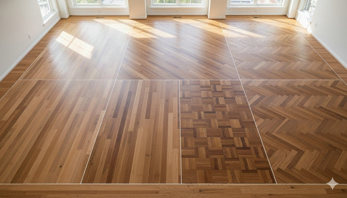  A large, sunlit room showcasing five distinct hardwood floor installation patterns side-by-side. From left to right, the patterns are labeled 