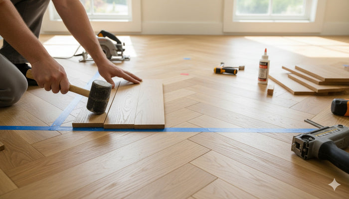 A person installing engineered hardwood flooring in a herringbone pattern, carefully tapping planks into place with a rubber mallet. Various flooring tools like a circular saw, wood glue, and a flooring nailer are visible on the light wood floor, illustra