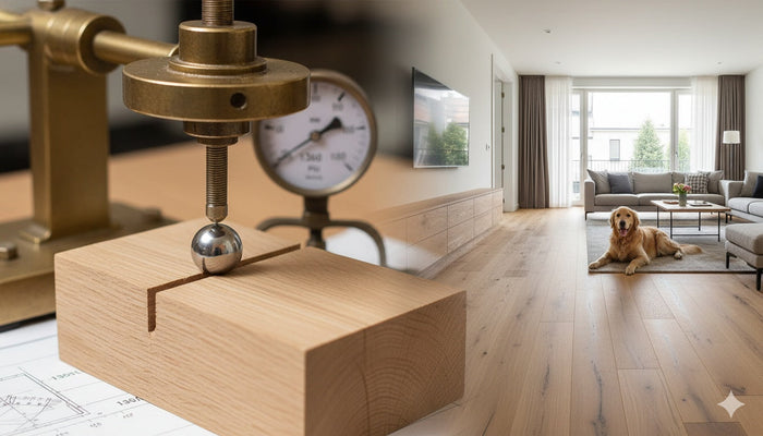 A split image illustrating wood hardness and its real-world context. On the left, a close-up shows a Janka hardness test in progress, with a steel ball being pressed into a block of wood by a brass testing device, alongside a pressure gauge. On the right,