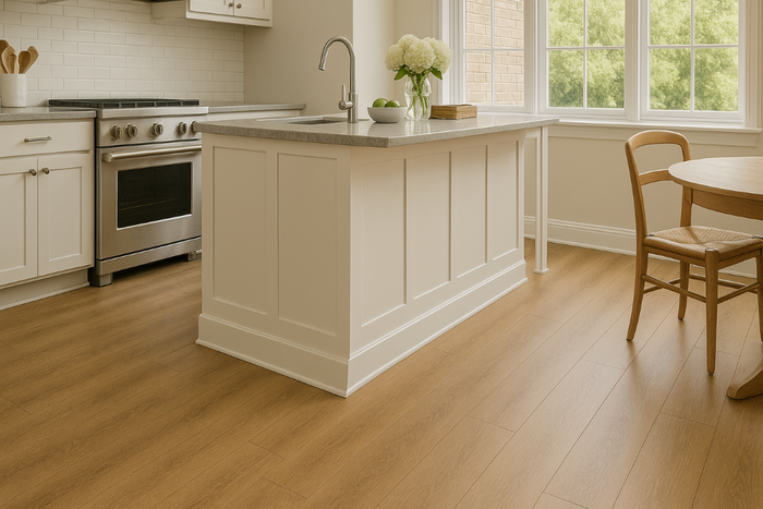Bright kitchen with medium brown SPC flooring under white cabinets and stainless steel appliances, demonstrating waterproof strength.