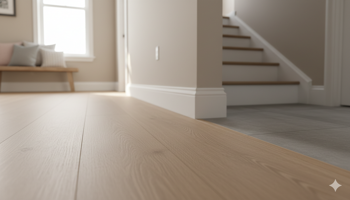 A modern interior showcasing newly installed laminate flooring with various moldings, including baseboards, and a smooth transition to tile, highlighting seamless flooring finishes.