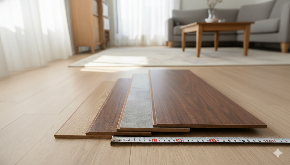Various laminate flooring planks of different thicknesses are stacked on a finished laminate floor with a tape measure extended in front of them, illustrating the concept of laminate flooring thickness.